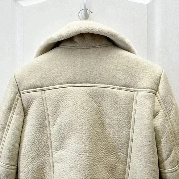 Topshop Cora Faux Shearling Moto Aviator Biker Jacket Cream Ecru Size 4 NWOT - Picture 10 of 16